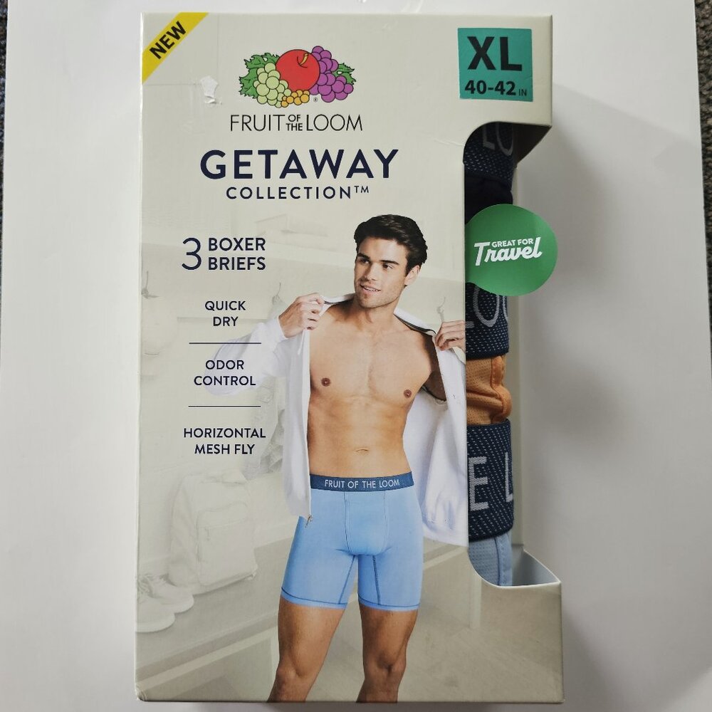 NIB mens FRUIT of the LOOM getaway collection BOXER BRIEFS 3-pack MULTI-COLOR